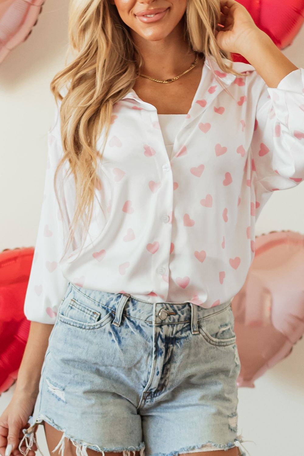 Heart Print Collared Neck Long Sleeve Shirt - Mervyns