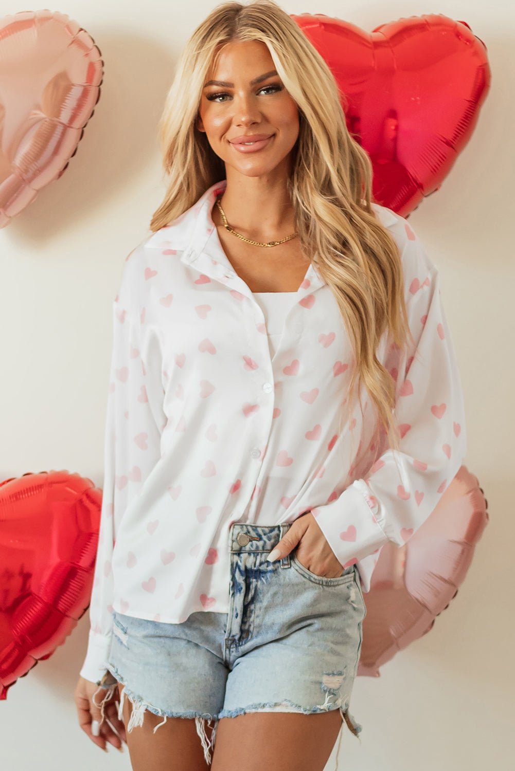 Heart Print Collared Neck Long Sleeve Shirt - Mervyns