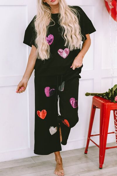 Heart Sequin Short Sleeve Top and Drawstring Pants Lounge Set - Mervyns