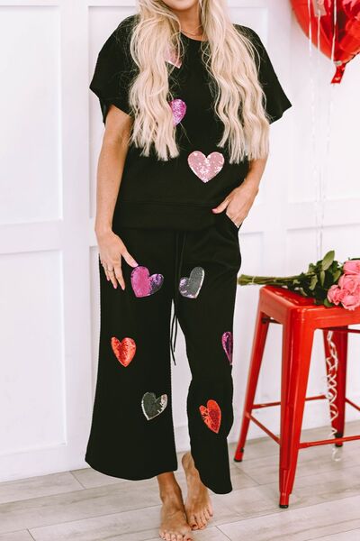 Heart Sequin Short Sleeve Top and Drawstring Pants Lounge Set - Mervyns