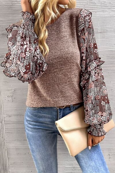 Heathered Floral Frill Lantern Sleeve Blouse - Mervyns