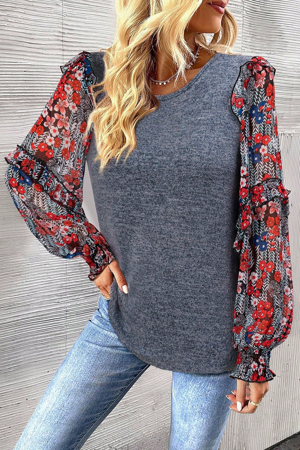 Heathered Floral Frill Lantern Sleeve Blouse - Mervyns