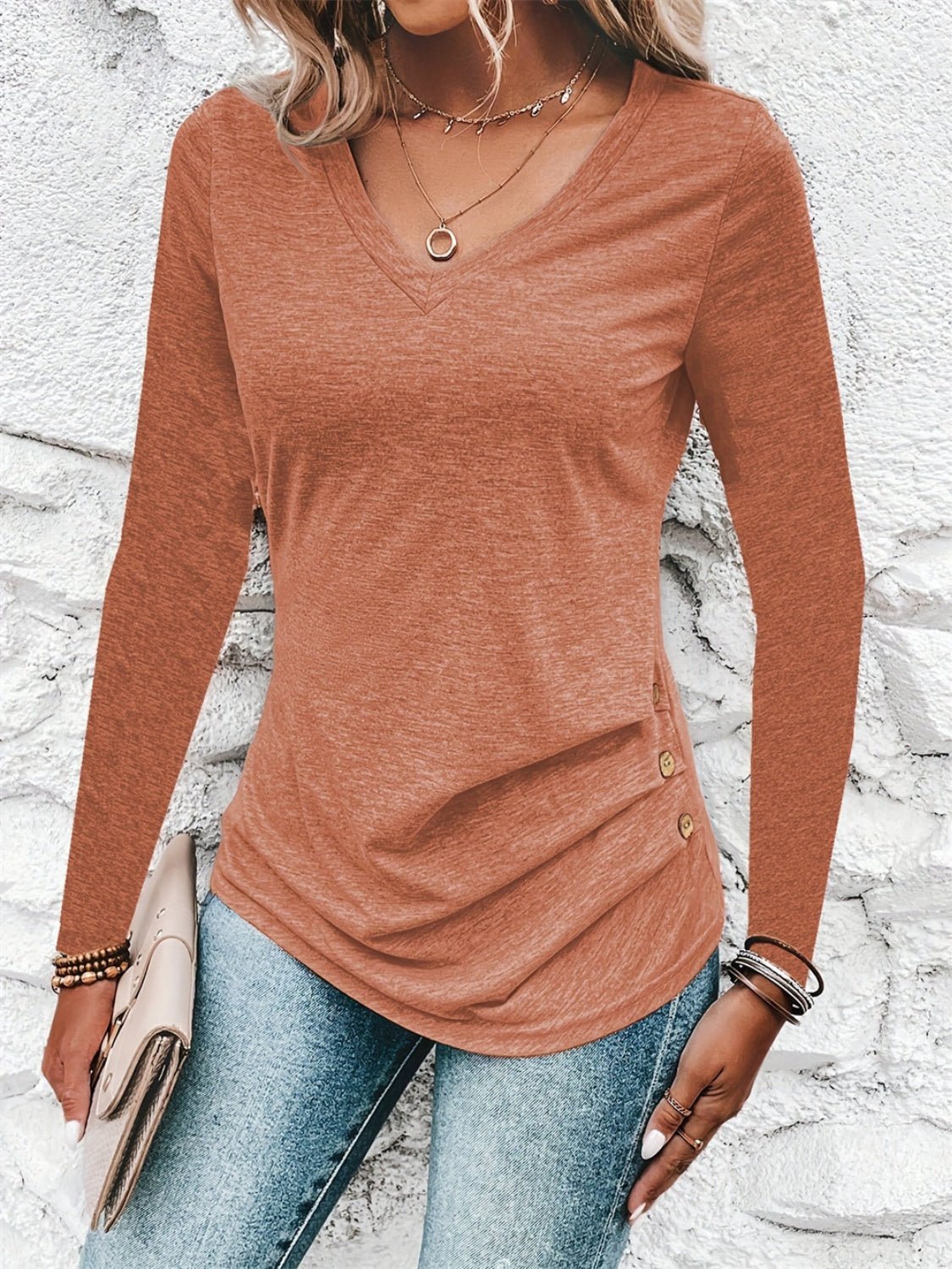 Heathered V - Neck Long Sleeve T-Shirt - Mervyns