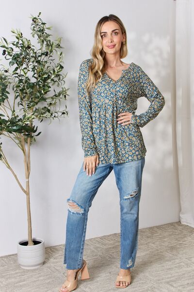 Heimish Full Size Floral Half Button Long Sleeve Blouse - Mervyns