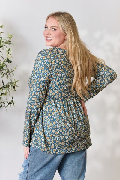 Heimish Full Size Floral Half Button Long Sleeve Blouse - Mervyns