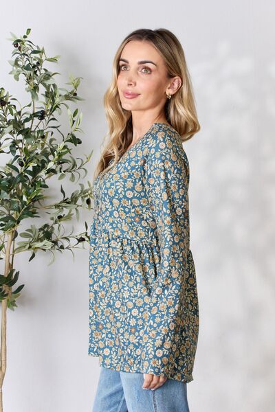 Heimish Full Size Floral Half Button Long Sleeve Blouse - Mervyns