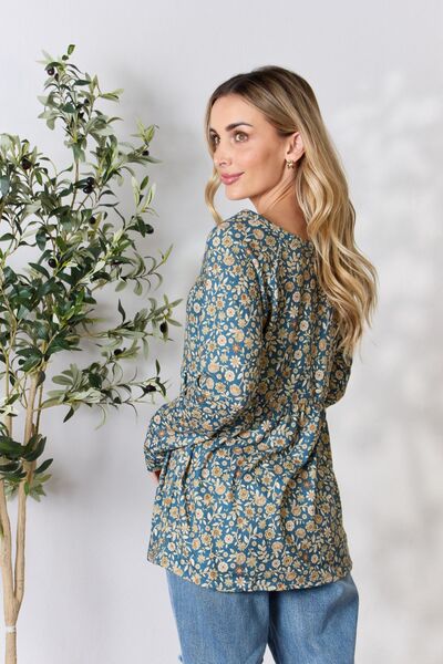 Heimish Full Size Floral Half Button Long Sleeve Blouse - Mervyns