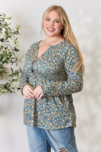 Heimish Full Size Floral Half Button Long Sleeve Blouse - Mervyns