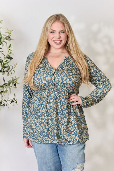 Heimish Full Size Floral Half Button Long Sleeve Blouse - Mervyns