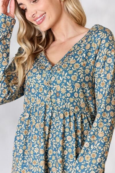 Heimish Full Size Floral Half Button Long Sleeve Blouse - Mervyns