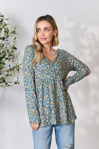 Heimish Full Size Floral Half Button Long Sleeve Blouse - Mervyns