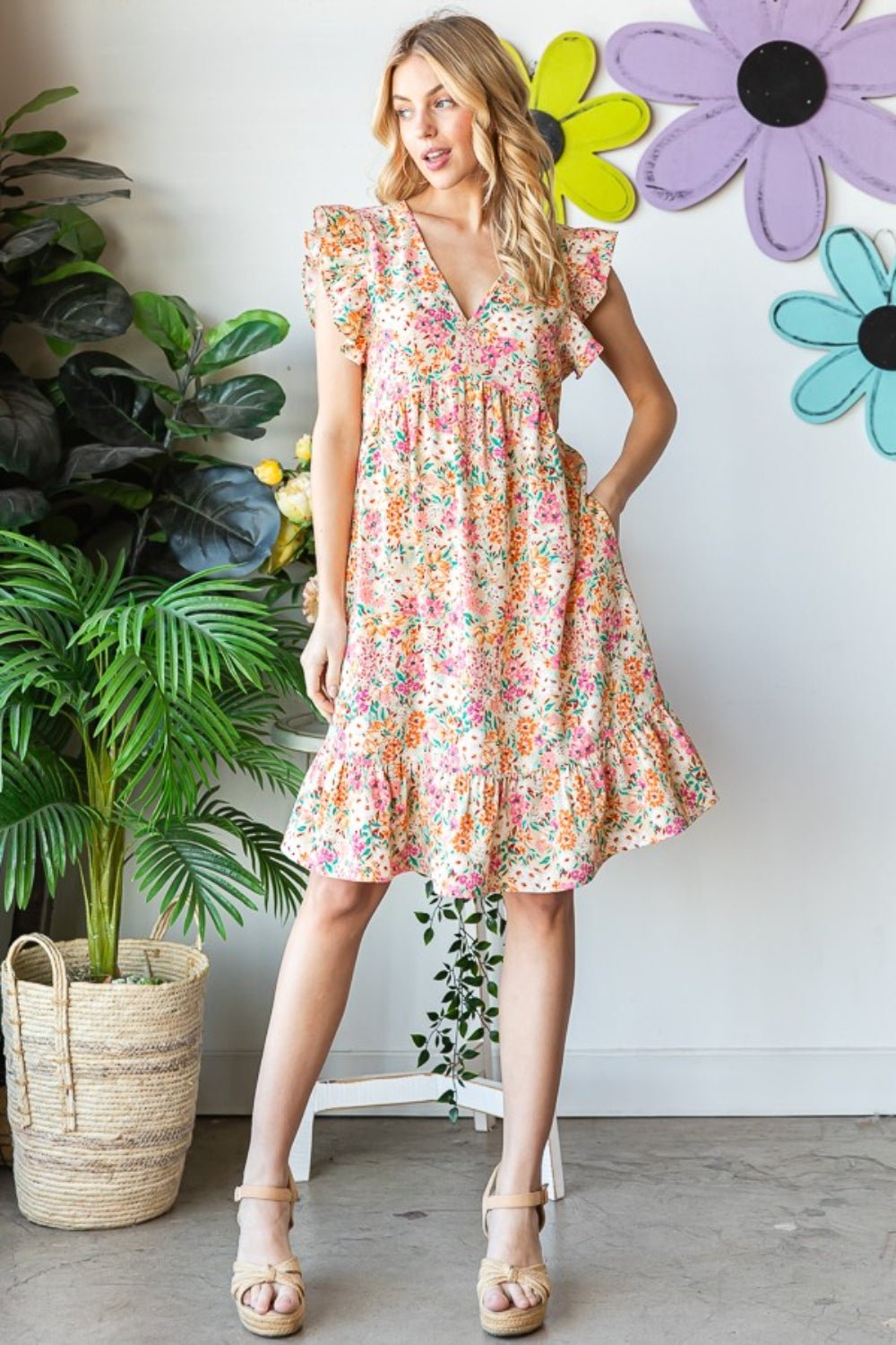 Heimish Full Size Floral Ruffled V - Neck Dress - Mervyns