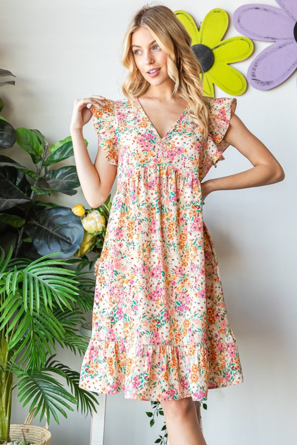 Heimish Full Size Floral Ruffled V - Neck Dress - Mervyns