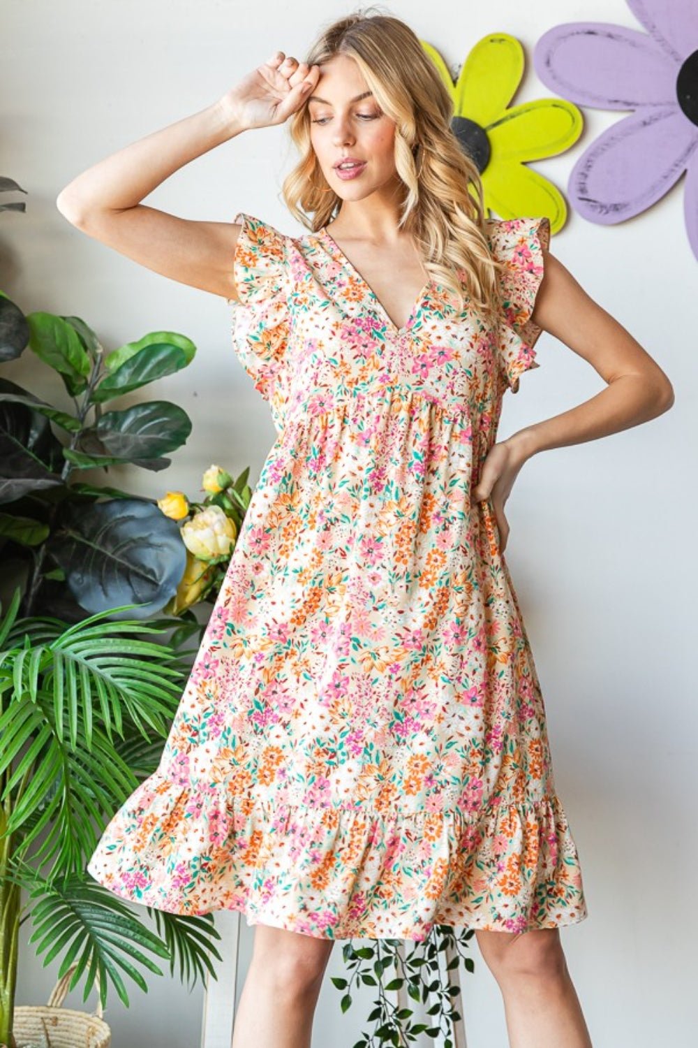 Heimish Full Size Floral Ruffled V - Neck Dress - Mervyns