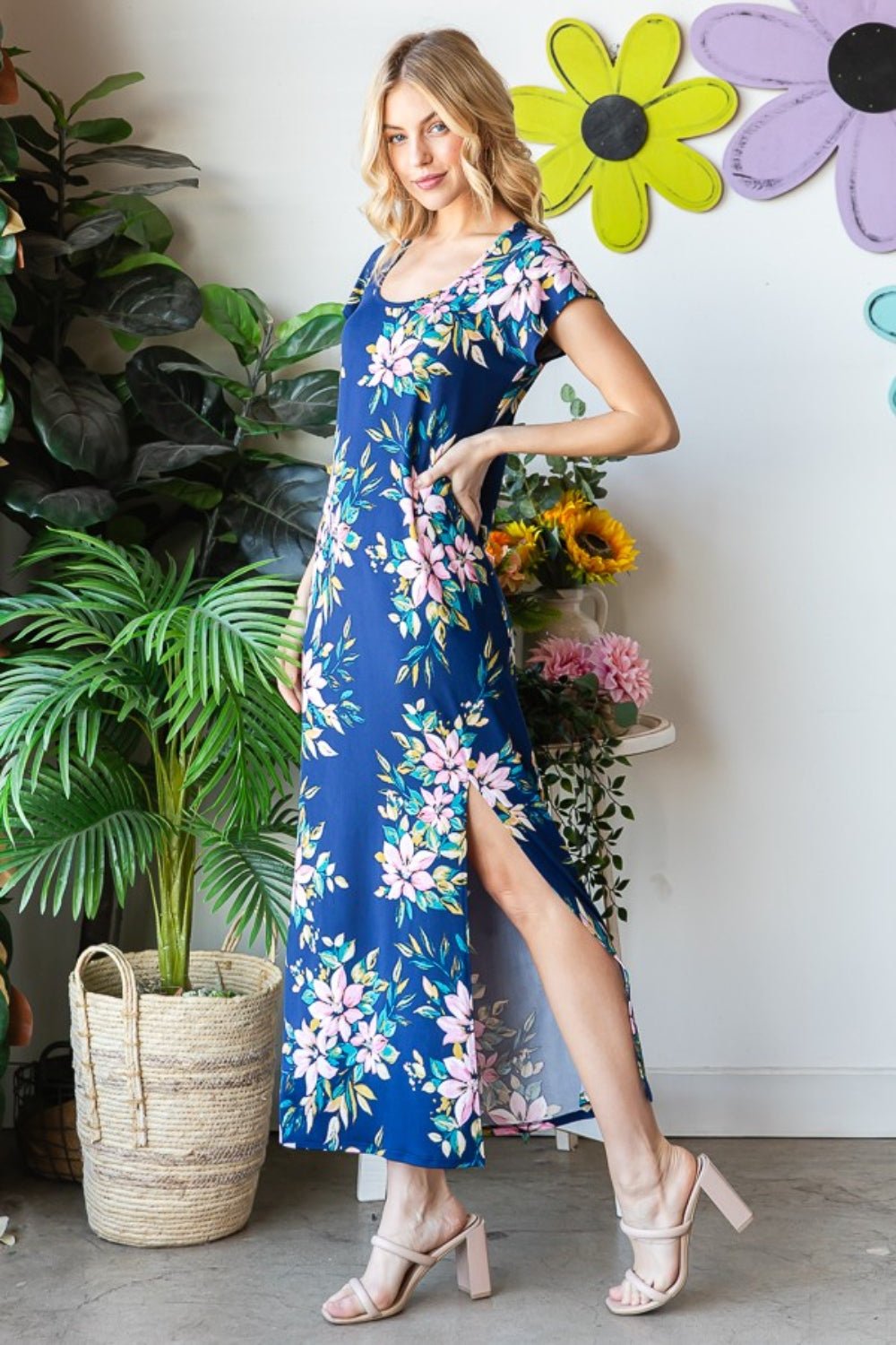 Heimish Full Size Floral Short Sleeve Slit Dress - Mervyns