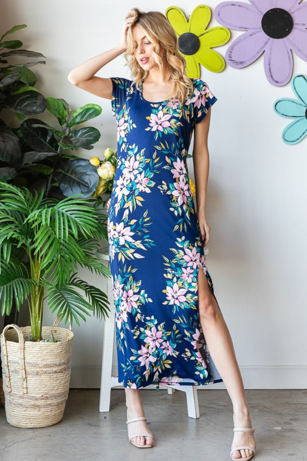 Heimish Full Size Floral Short Sleeve Slit Dress - Mervyns