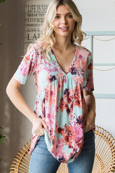 Heimish Full Size Floral V - Neck Short Sleeve Babydoll Blouse - Mervyns