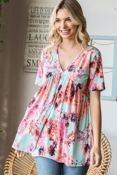 Heimish Full Size Floral V - Neck Short Sleeve Babydoll Blouse - Mervyns