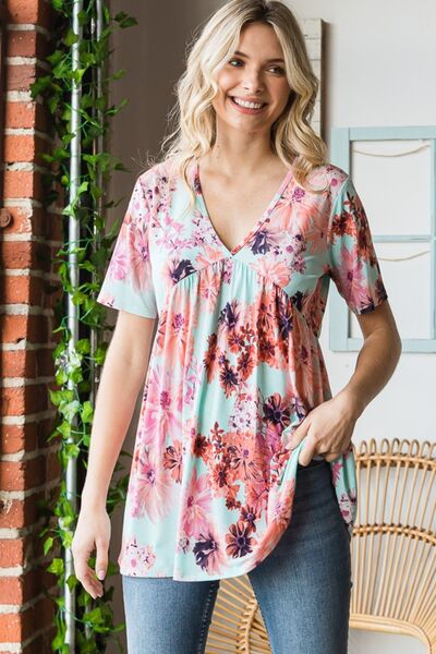 Heimish Full Size Floral V - Neck Short Sleeve Babydoll Blouse - Mervyns