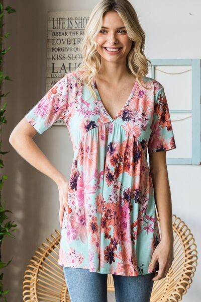 Heimish Full Size Floral V - Neck Short Sleeve Babydoll Blouse - Mervyns