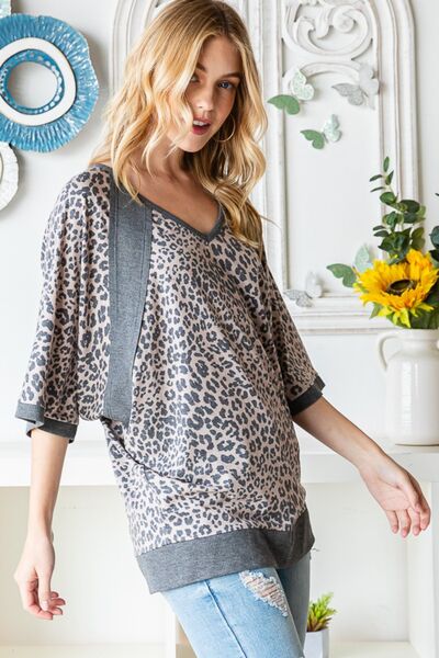 Heimish Full Size Leopard Contrast V - Neck Half Sleeve T-Shirt - Mervyns