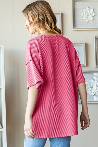 Heimish Full Size Ribbed Half Button Drop Shoulder Top - Mervyns