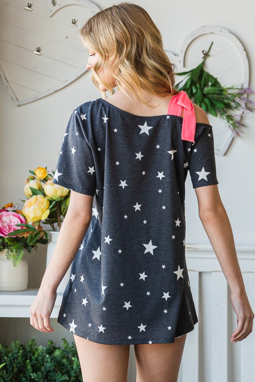 Heimish Full Size Star Print Asymmetrical Neck Short Sleeve Top - Mervyns