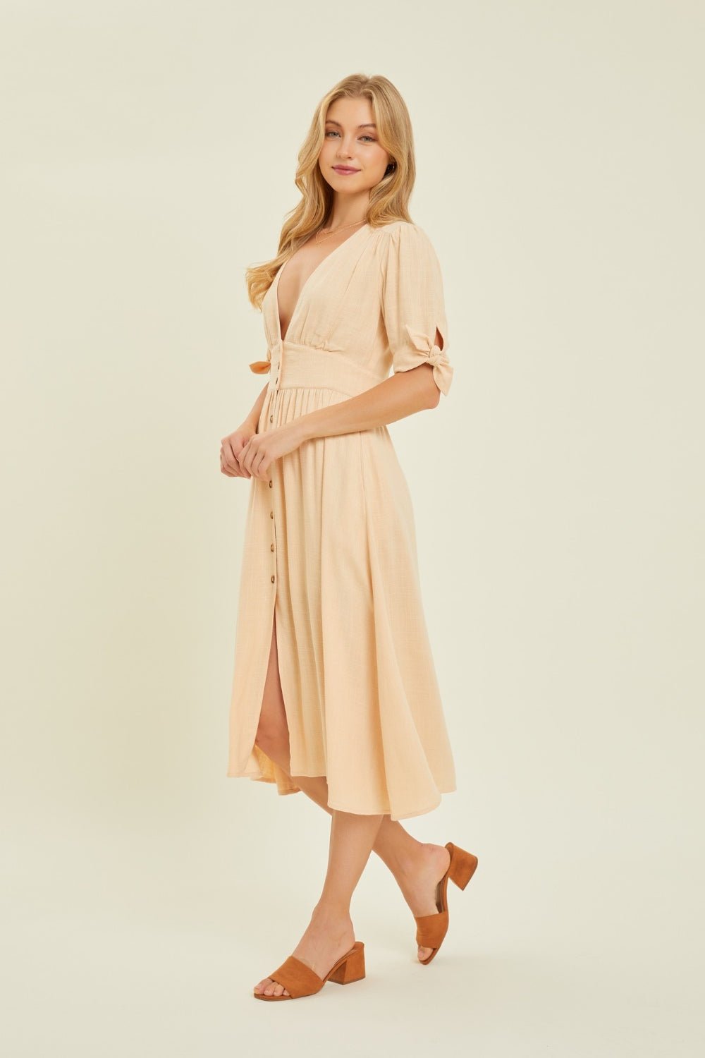 HEYSON Full Size Textured Linen V - Neck Button - Down Midi Dress - Mervyns