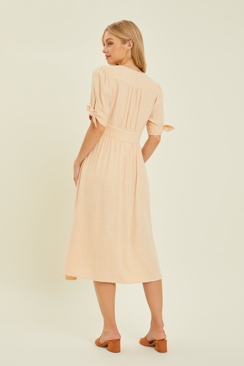 HEYSON Full Size Textured Linen V - Neck Button - Down Midi Dress - Mervyns