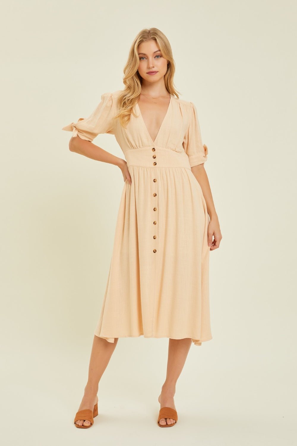 HEYSON Full Size Textured Linen V - Neck Button - Down Midi Dress - Mervyns