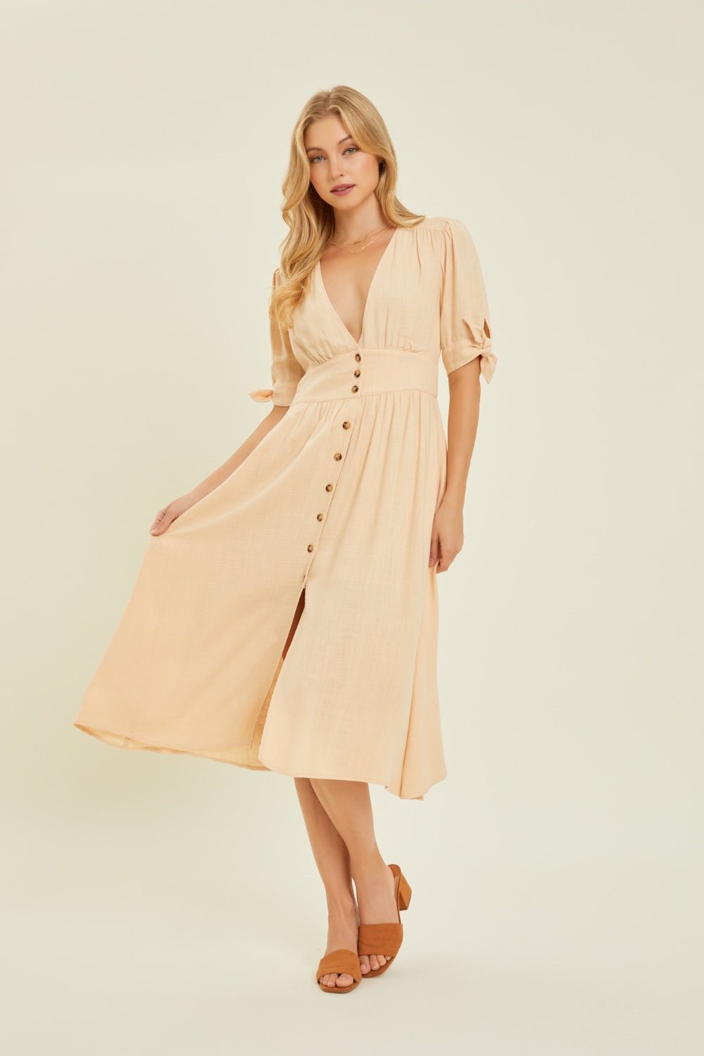 HEYSON Full Size Textured Linen V - Neck Button - Down Midi Dress - Mervyns