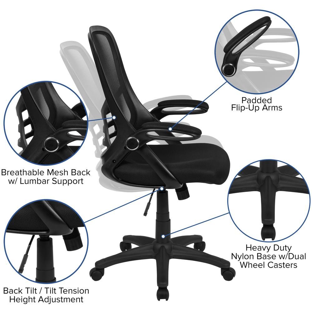 High Back Black Mesh Ergonomic Swivel Office Chair with Black Frame and Flip - up Arms - Mervyns