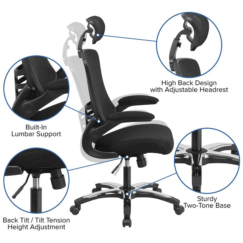 High - Back Black Mesh Swivel Ergonomic Executive Office Chair with Flip - Up Arms and Adjustable Headrest, BIFMA Certified - Mervyns