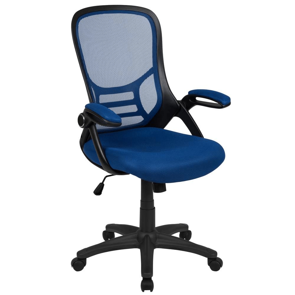 High Back Blue Mesh Ergonomic Swivel Office Chair with Black Frame and Flip - up Arms - Mervyns