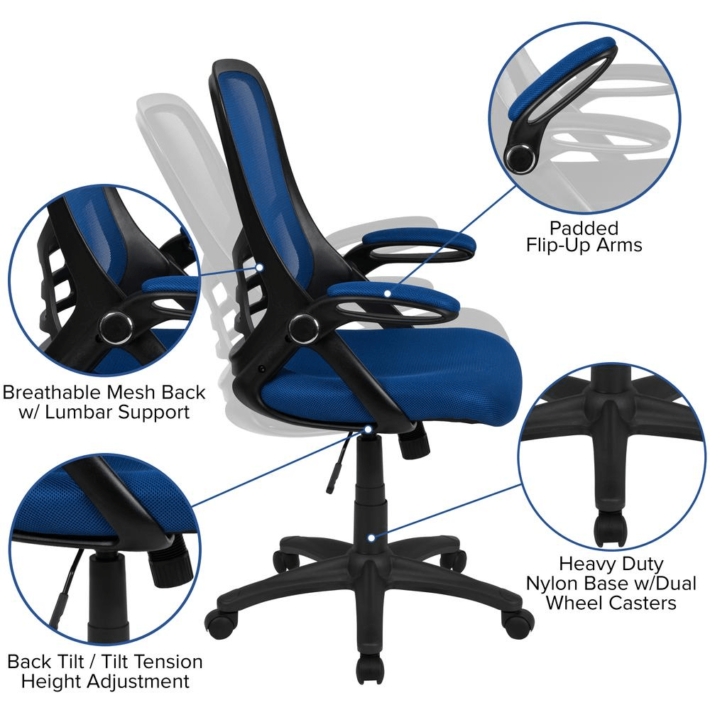 High Back Blue Mesh Ergonomic Swivel Office Chair with Black Frame and Flip - up Arms - Mervyns