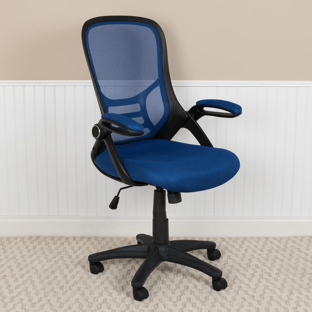 High Back Blue Mesh Ergonomic Swivel Office Chair with Black Frame and Flip - up Arms - Mervyns