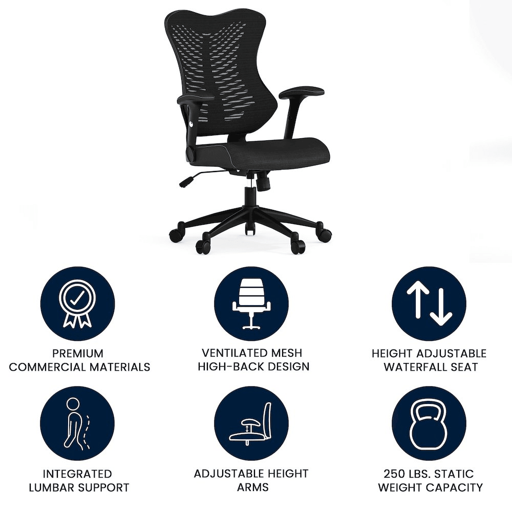 High Back Designer Black Mesh Executive Swivel Office Chair with Adjustable Arms - Mervyns