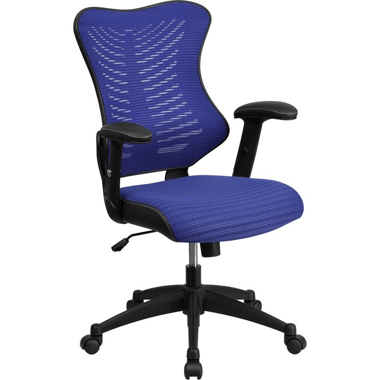 High Back Designer Blue Mesh Executive Swivel Office Chair with Adjustable Arms - Mervyns