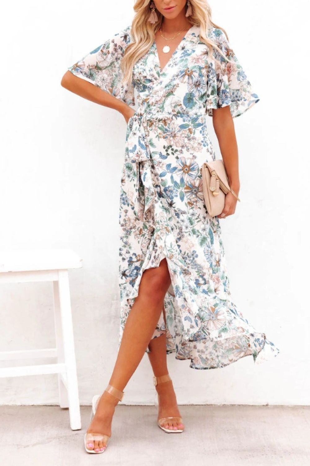 High - Low Printed Surplice Flutter Sleeve Midi Dress - Mervyns