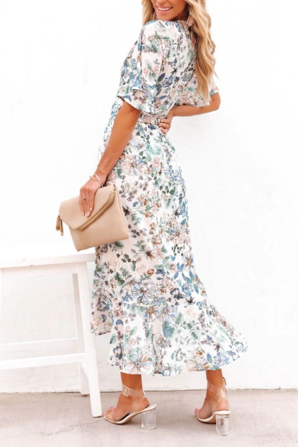 High - Low Printed Surplice Flutter Sleeve Midi Dress - Mervyns