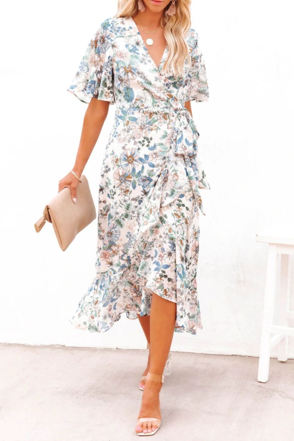 High - Low Printed Surplice Flutter Sleeve Midi Dress - Mervyns