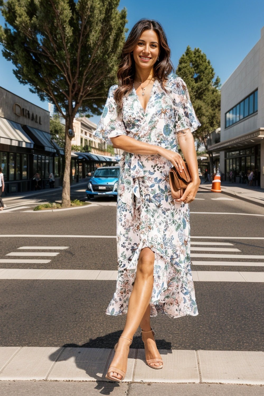 High - Low Printed Surplice Flutter Sleeve Midi Dress - Mervyns