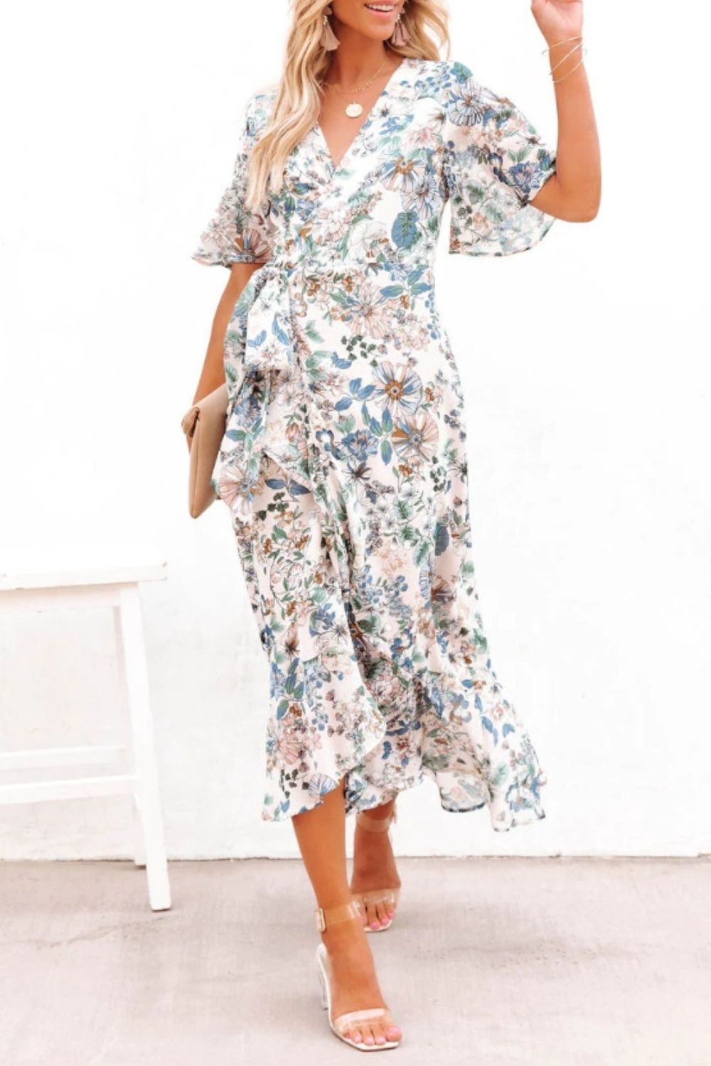 High - Low Printed Surplice Flutter Sleeve Midi Dress - Mervyns