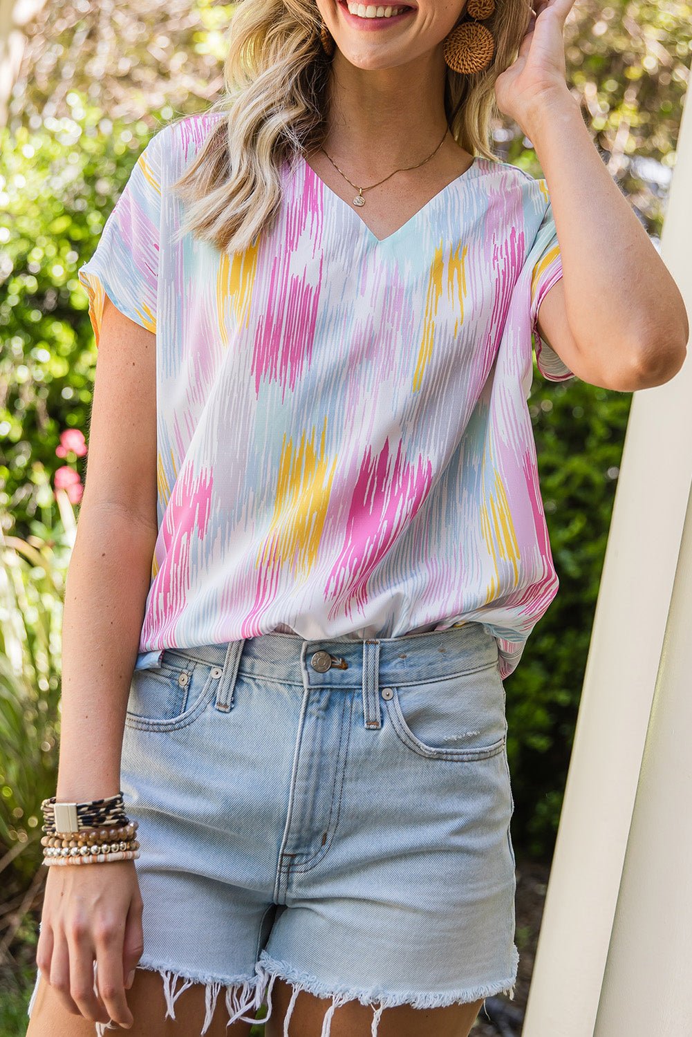 High - Low V - Neck Short Sleeve Blouse - Mervyns