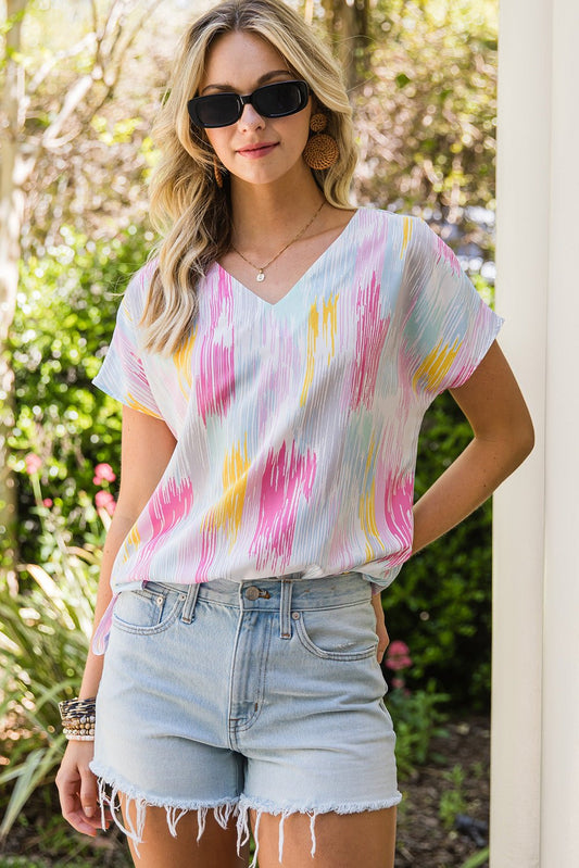 High - Low V - Neck Short Sleeve Blouse - Mervyns