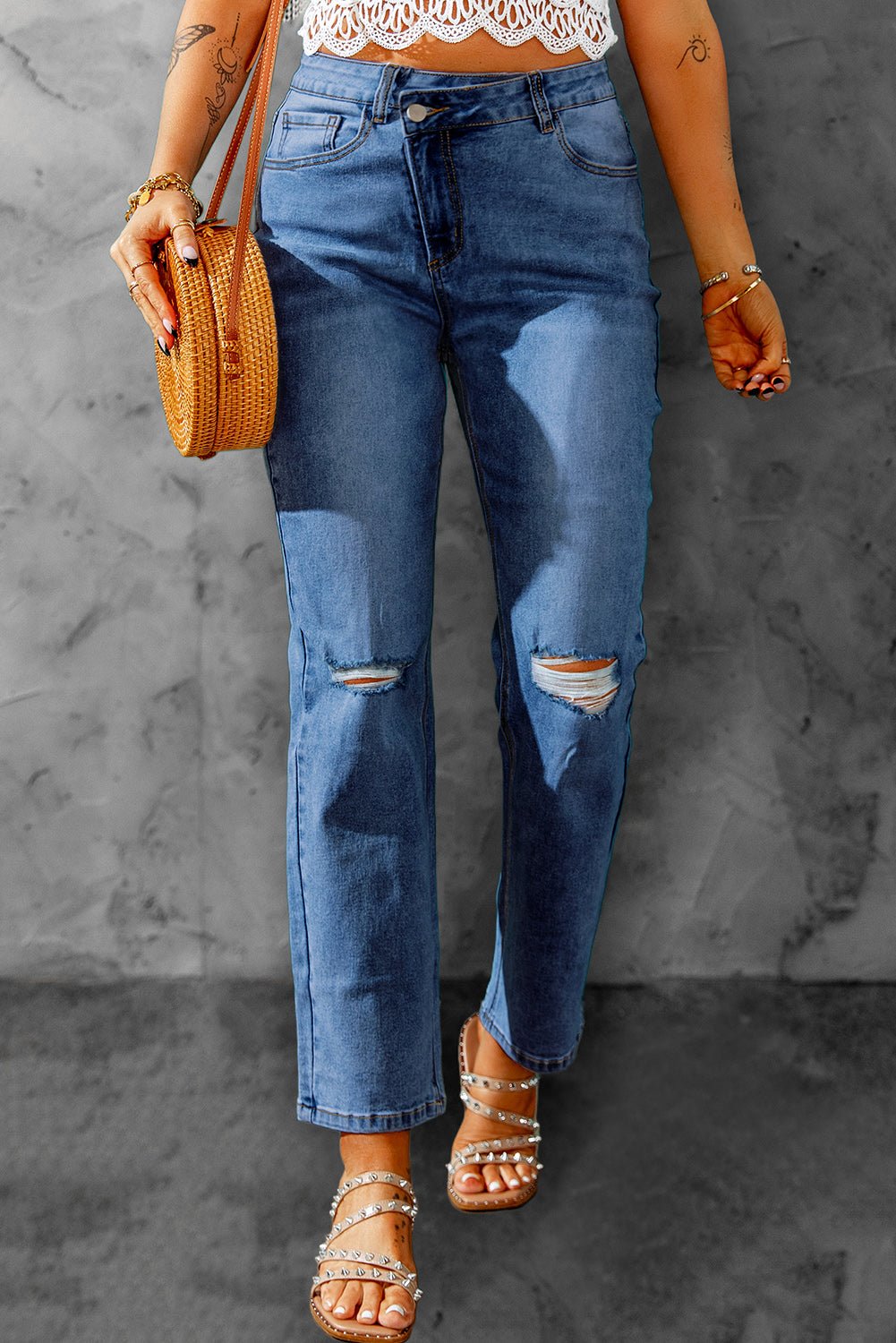 High Waist Distressed Straight Leg Jeans - Mervyns