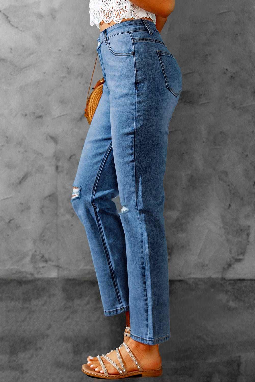 High Waist Distressed Straight Leg Jeans - Mervyns