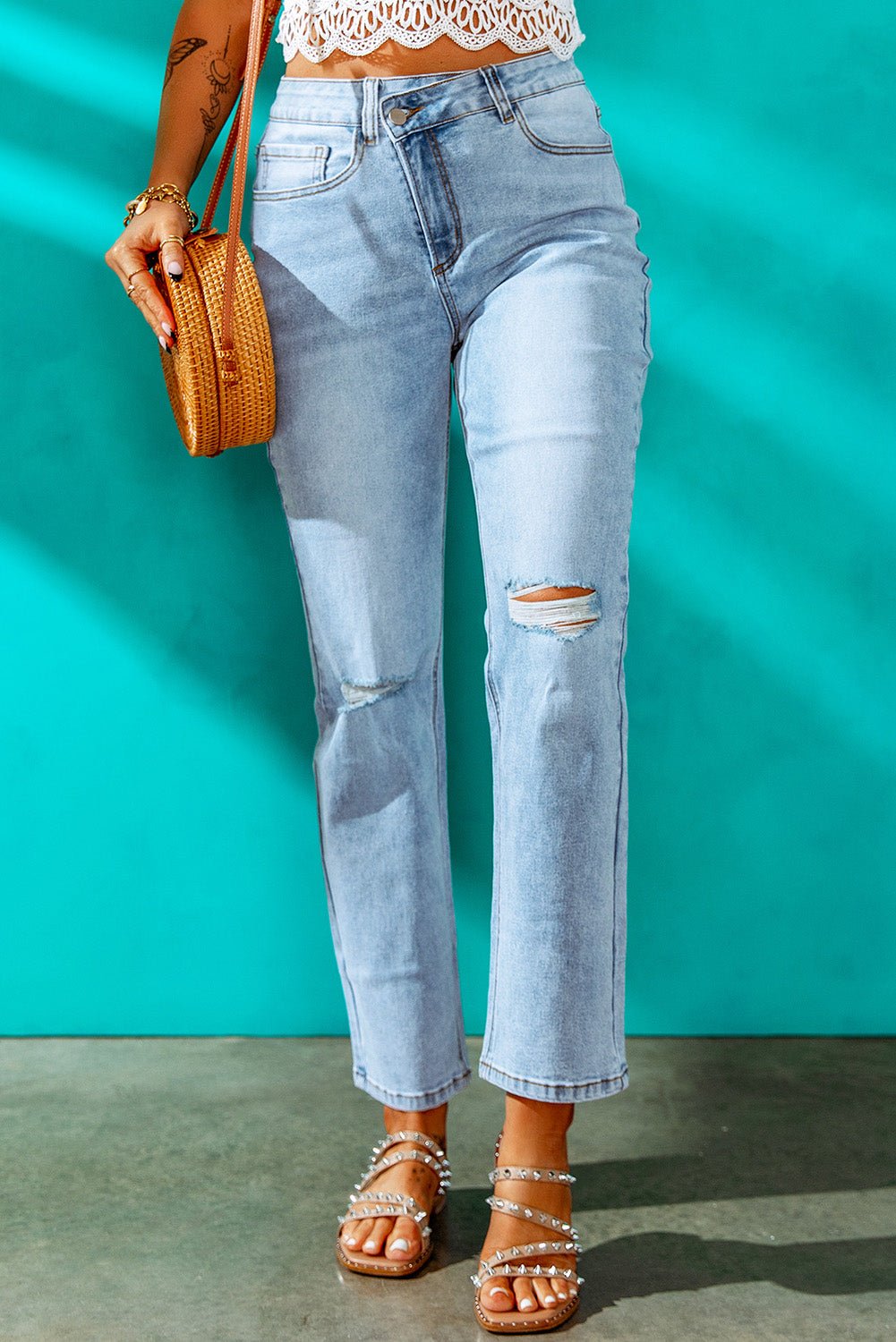 High Waist Distressed Straight Leg Jeans - Mervyns