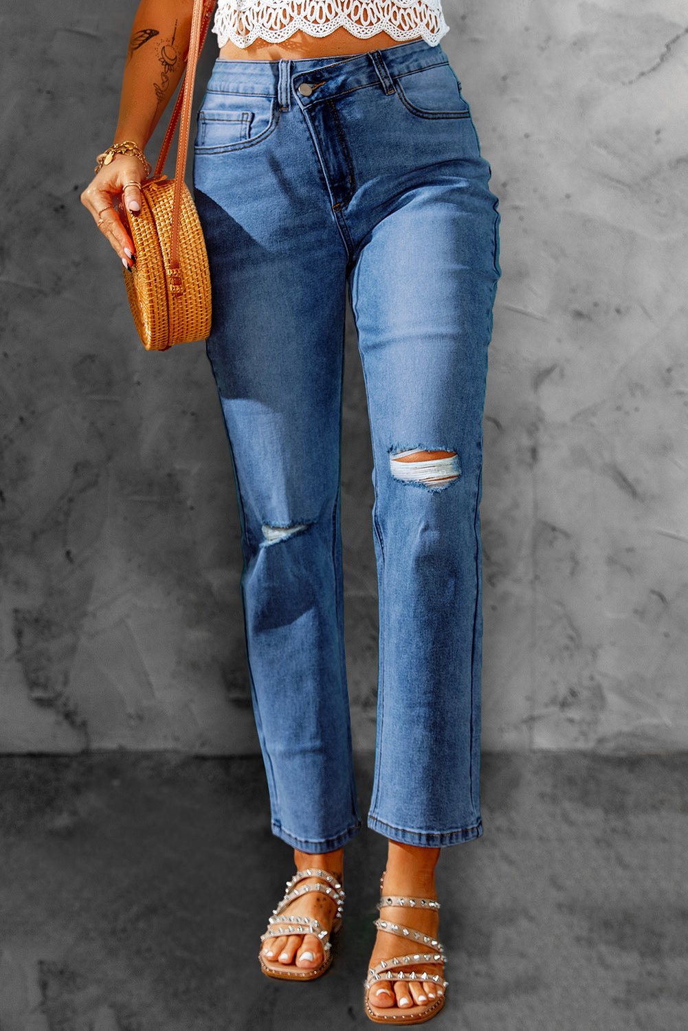 High Waist Distressed Straight Leg Jeans - Mervyns