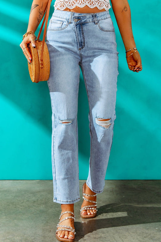 High Waist Distressed Straight Leg Jeans - Mervyns